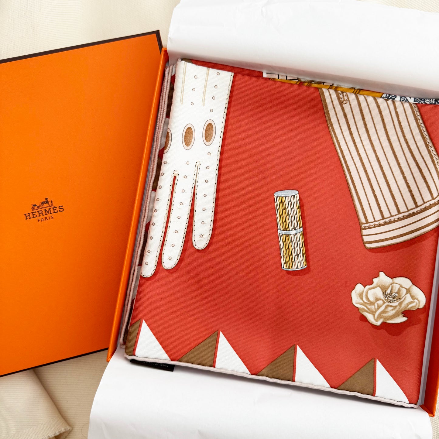 Hermes "L'Heure des Gants" 90cm Silk Scarf in Corail / Gris / Caramel