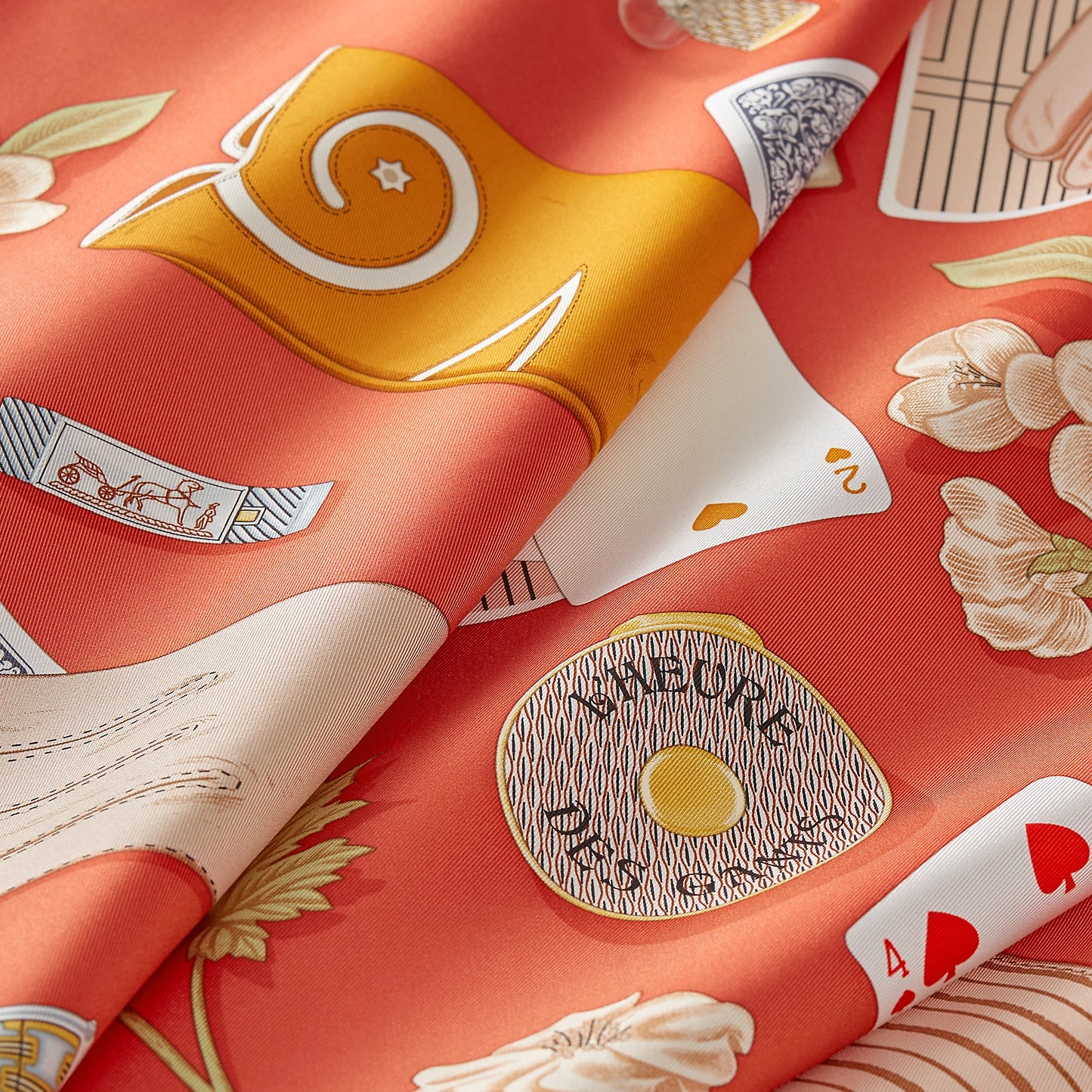 Hermes "L'Heure des Gants" 90cm Silk Scarf in Corail / Gris / Caramel