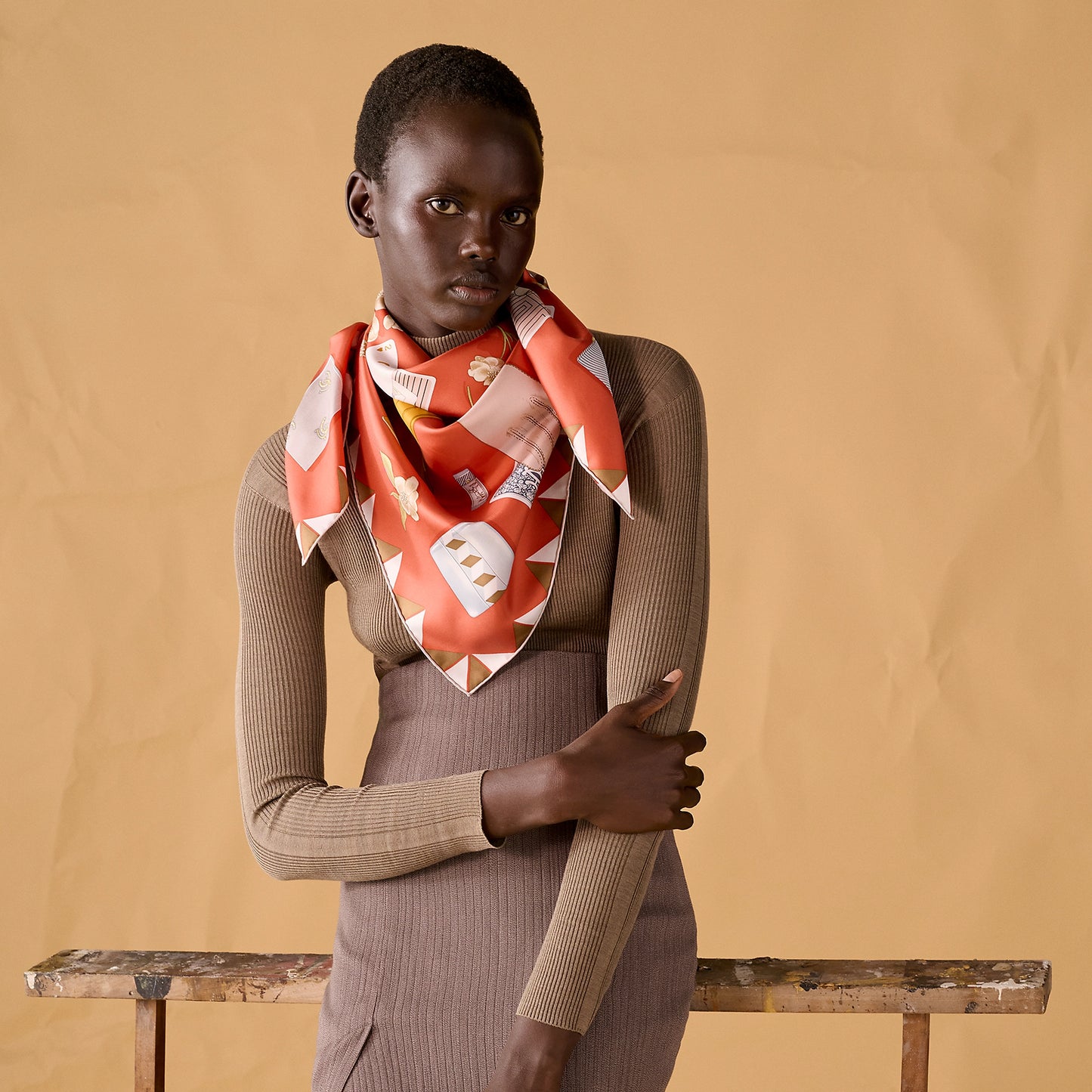 Hermes "L'Heure des Gants" 90cm Silk Scarf in Corail / Gris / Caramel