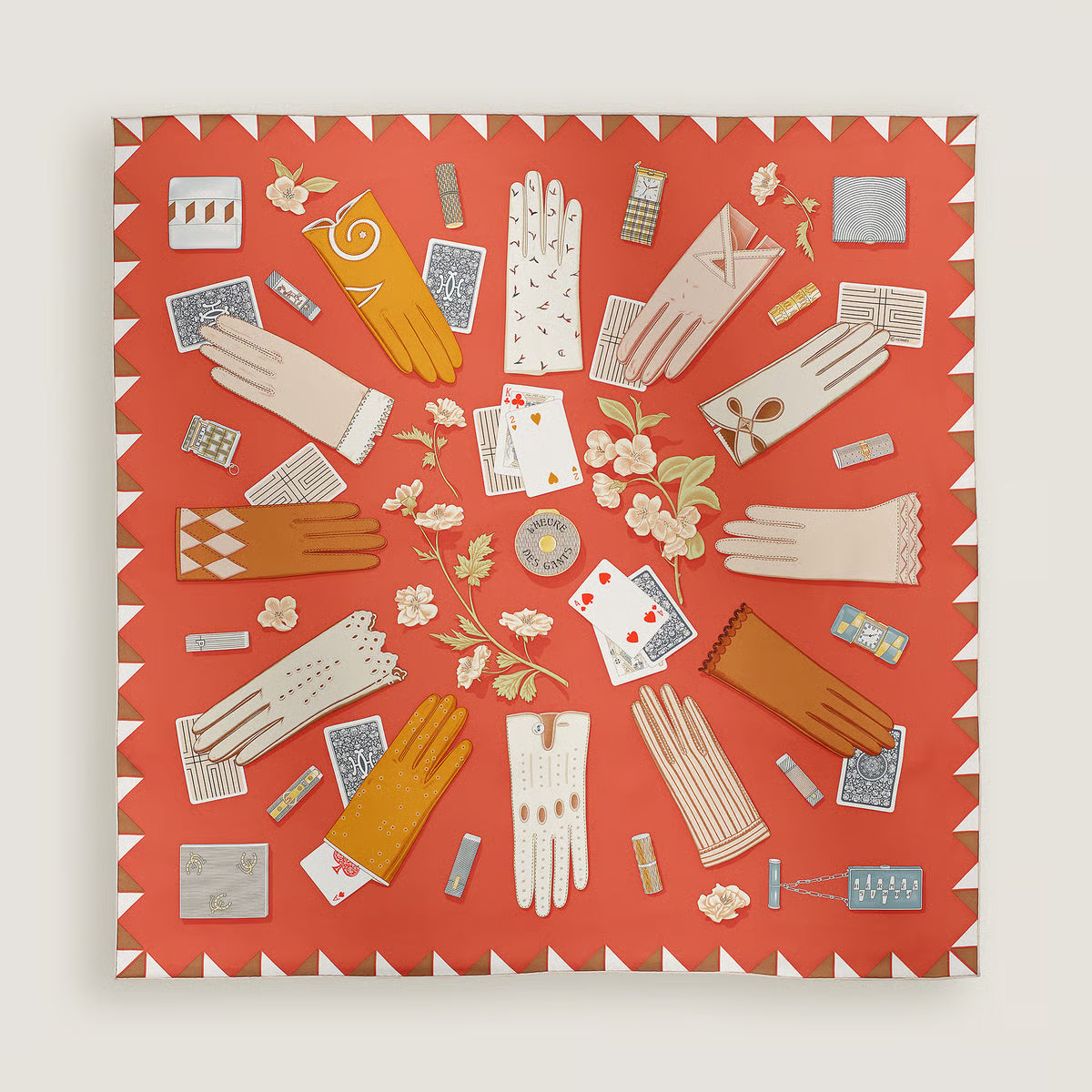 Hermes "L'Heure des Gants" 90cm Silk Scarf in Corail / Gris / Caramel