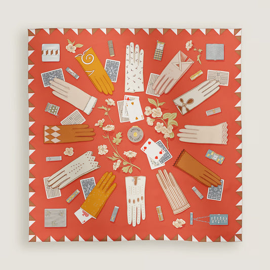 Hermes "L'Heure des Gants" 90cm Silk Scarf in Corail / Gris / Caramel