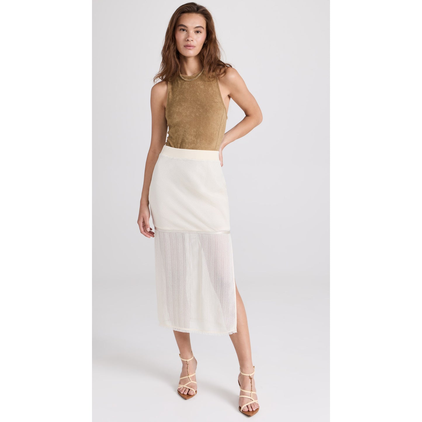 Tibi Summer Terry Crewneck Racerback Bodysuit in "Cumin", size Medium