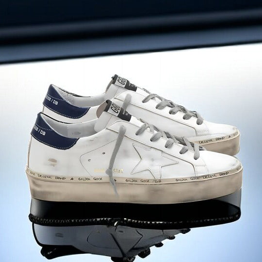 Golden Goose Hi-Star Sneaker in White w Navy Patch, size 36