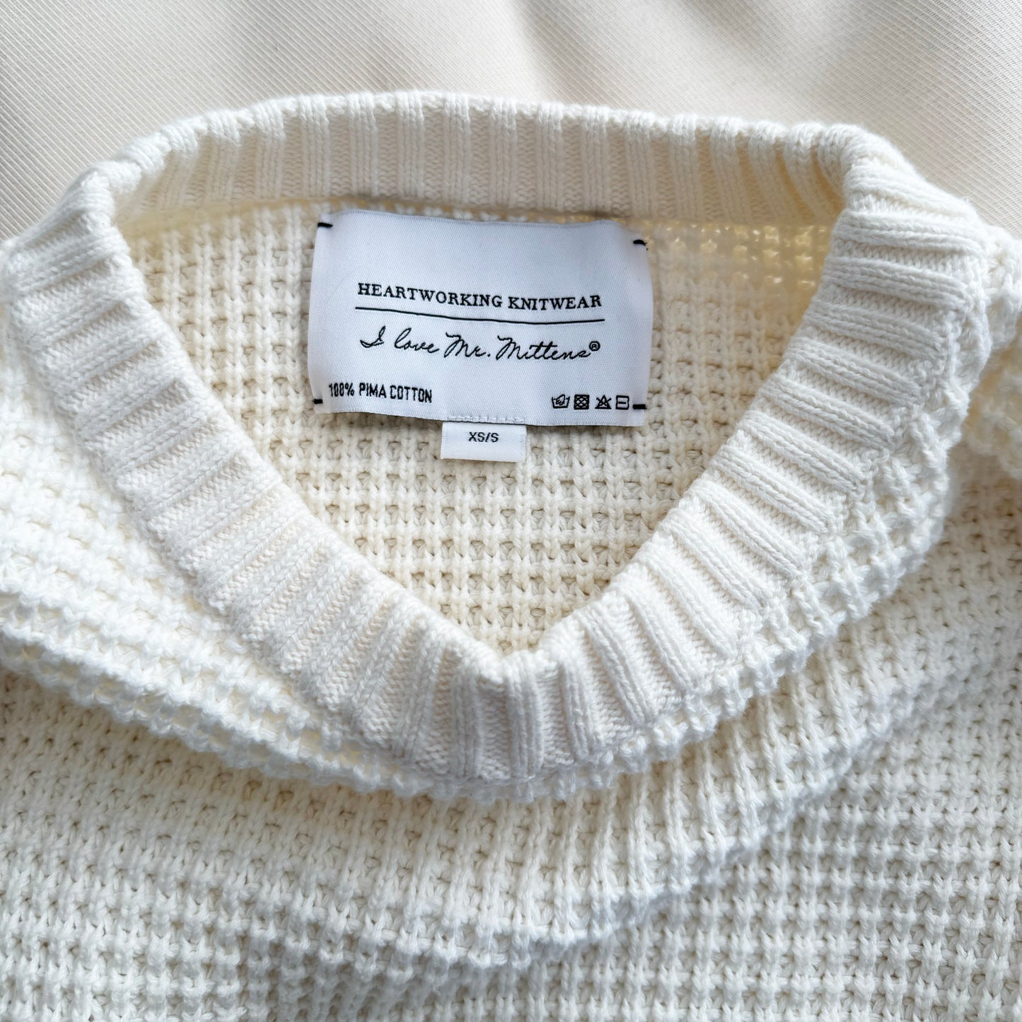 I Love Mr Mittens Cropped Waffle Knit Cotton Sweater in Off-White, size XS/S