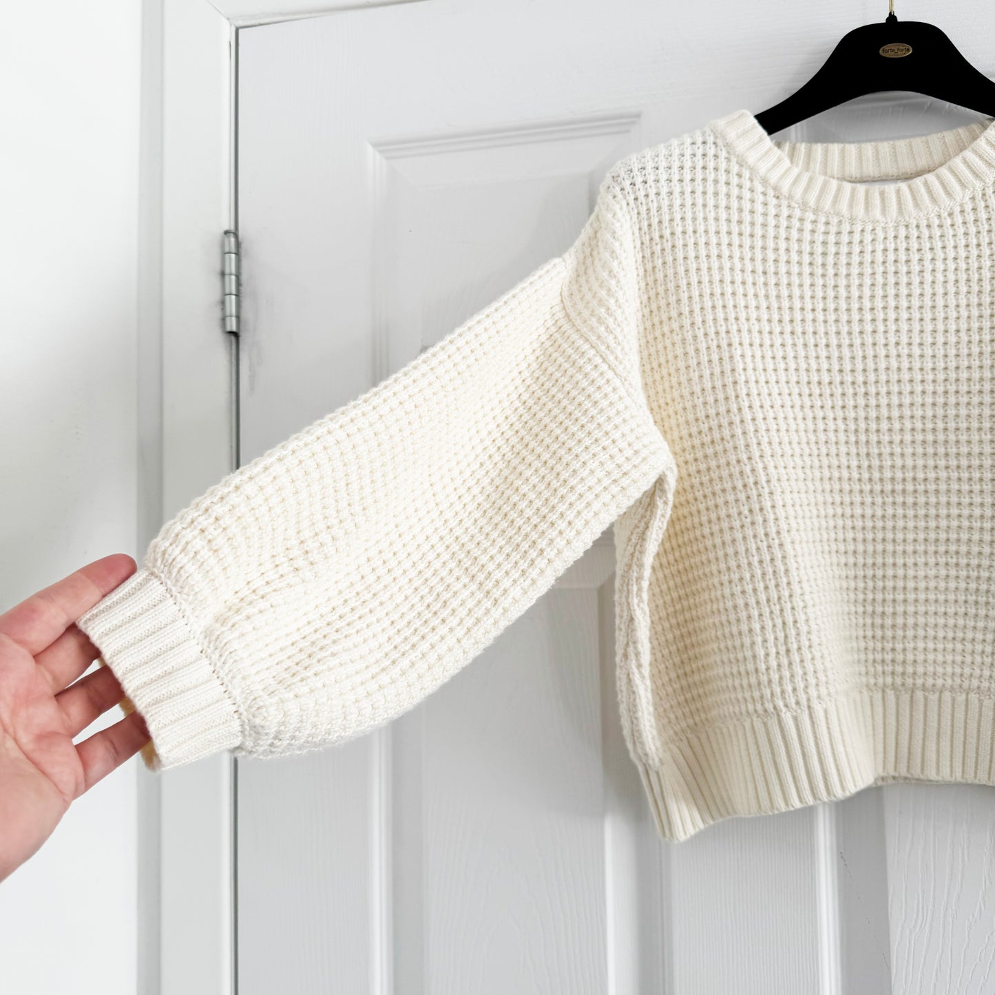 I Love Mr Mittens Cropped Waffle Knit Cotton Sweater in Off-White, size XS/S
