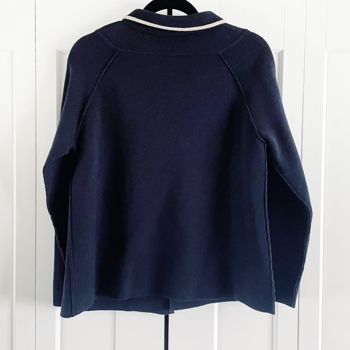 Y's by Yohji Yamamoto Blue knit sweater jacket with off white accent at collar, Size 2, good for Medium