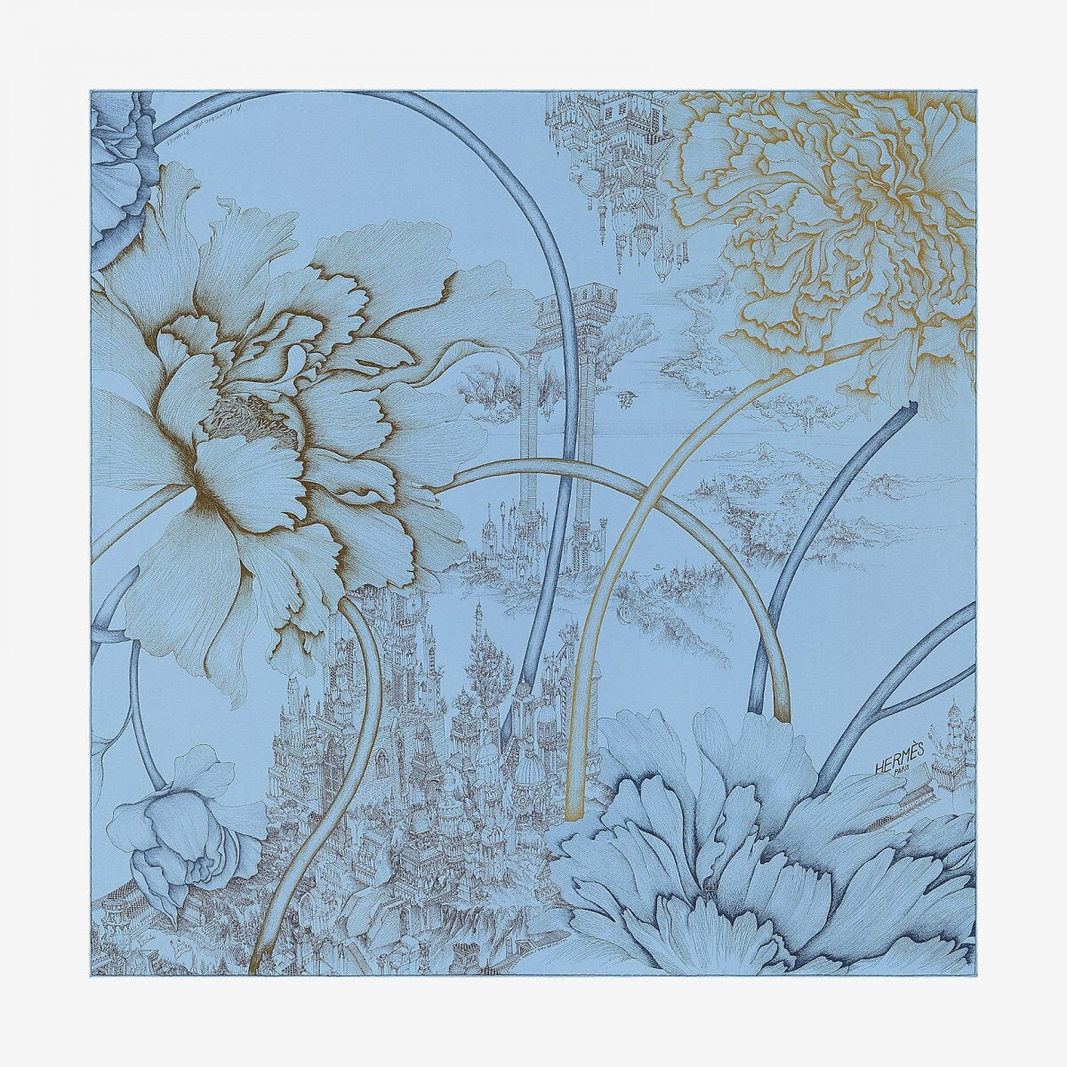 Hermes "A L’Ombre des Pivoines" 90cm Silk Scarf in Blue