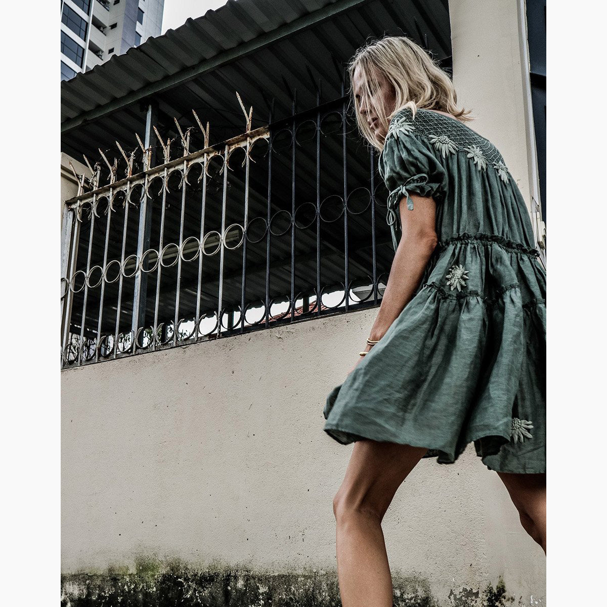 Innika Choo Green Mini Smock Embroidered Dress, One size only (good for S-M)