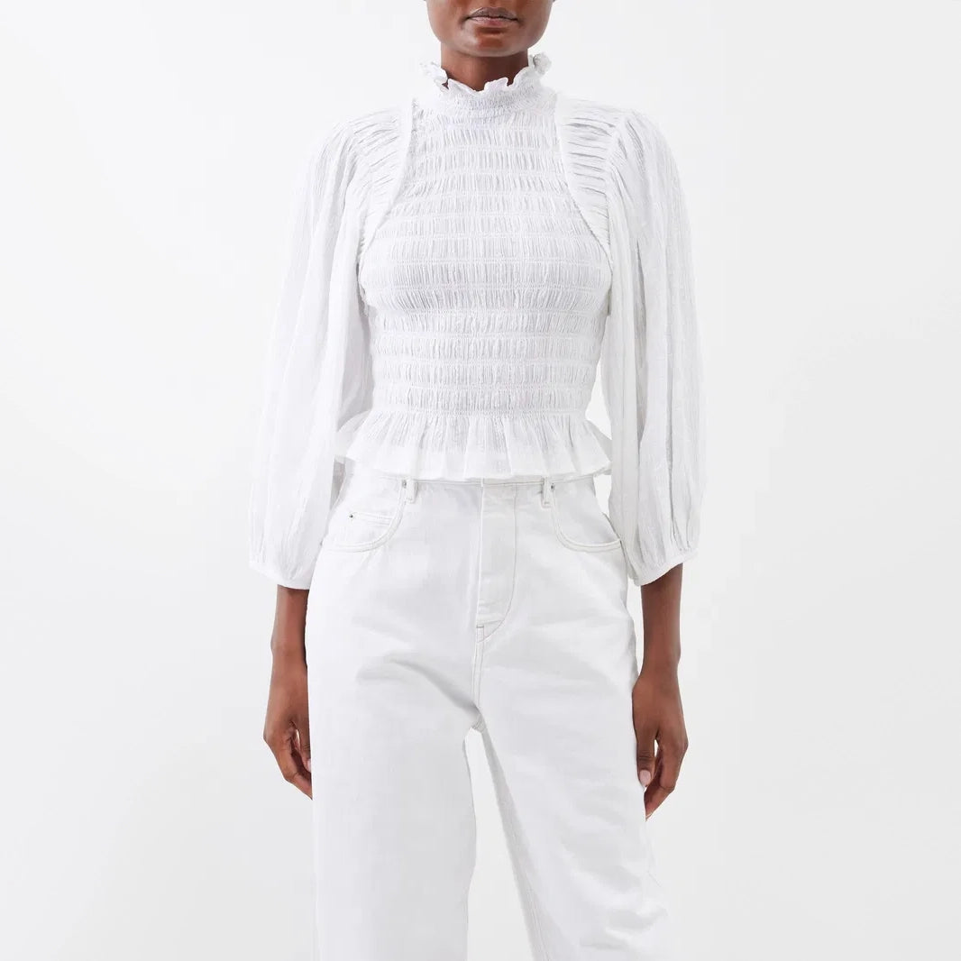 Isabel Marant Etoile "Idris" Smocked Top in White, size 38 (Size Small)