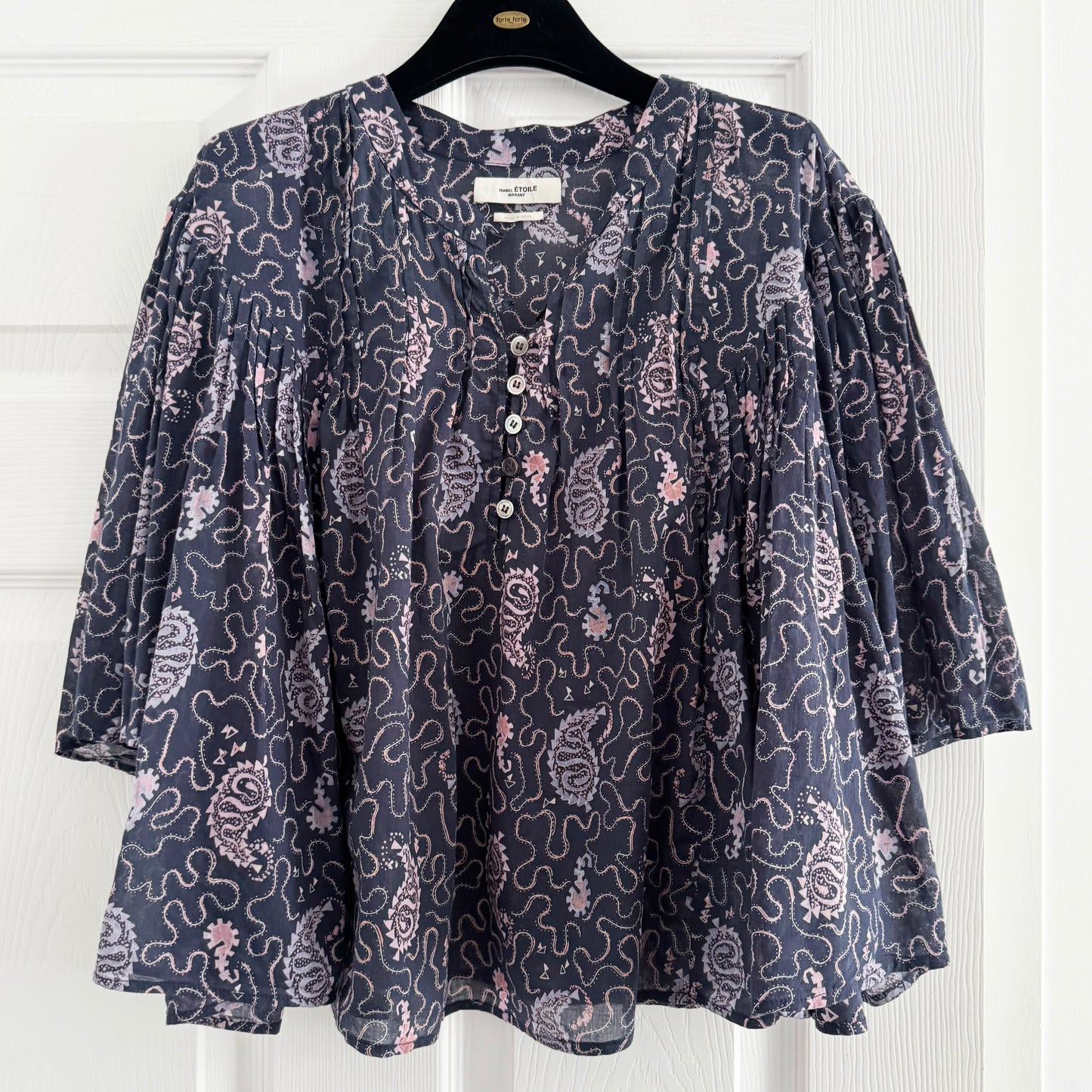 Isabel Marant Etoile "Algari" Printed Cotton Blouse in Purple, size 36 (size small)