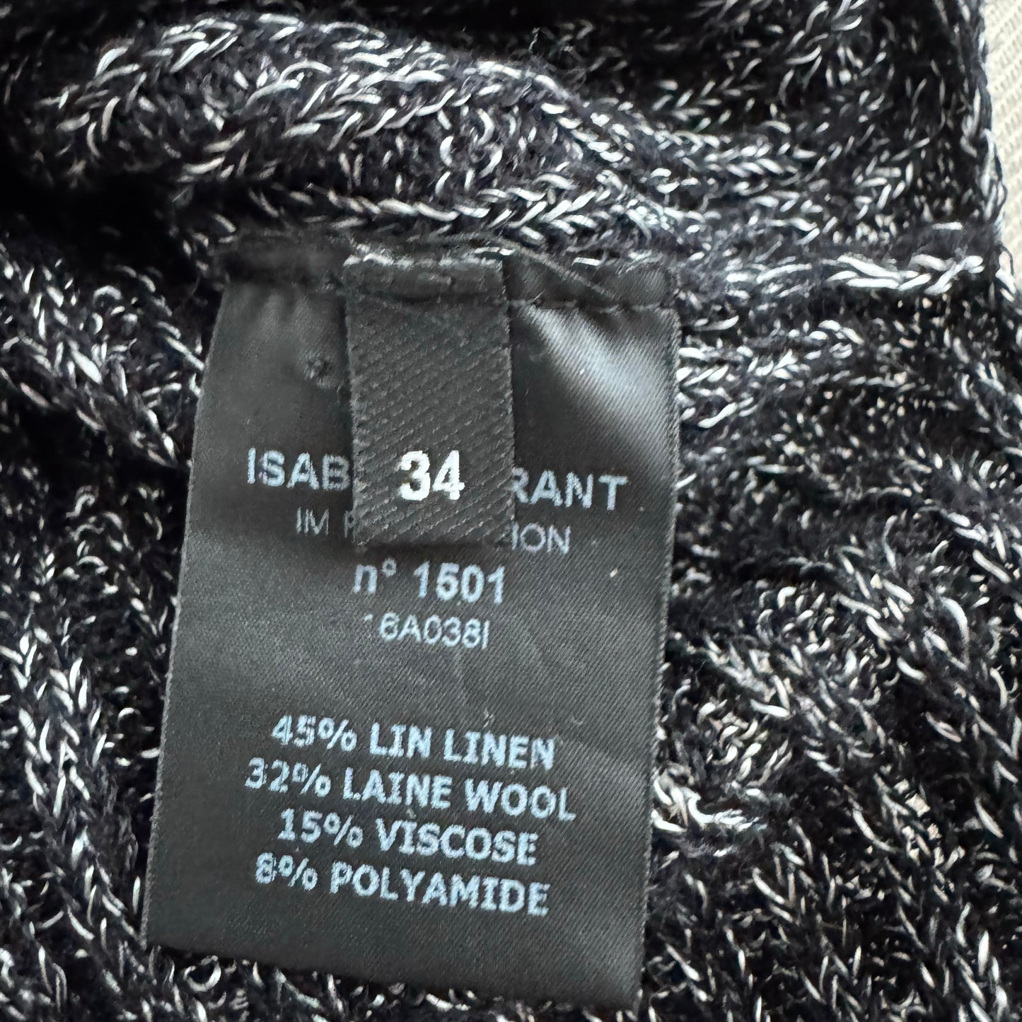 Isabel Marant Wool/Linen Long Sleeve Heathered Knit in Black/Silver, size 34 (XS)