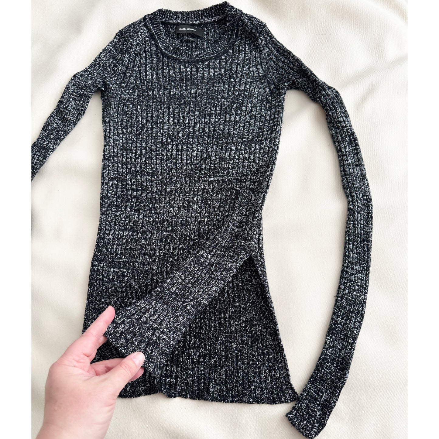 Isabel Marant Wool/Linen Long Sleeve Heathered Knit in Black/Silver, size 34 (XS)