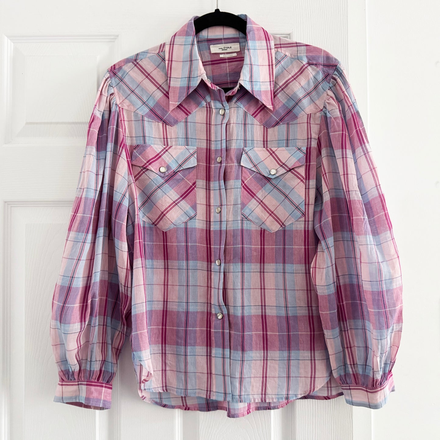 Isabel Marant Etoile "Bethany" Plaid Top in Pink/Blue, size 36 (fits Size Small)
