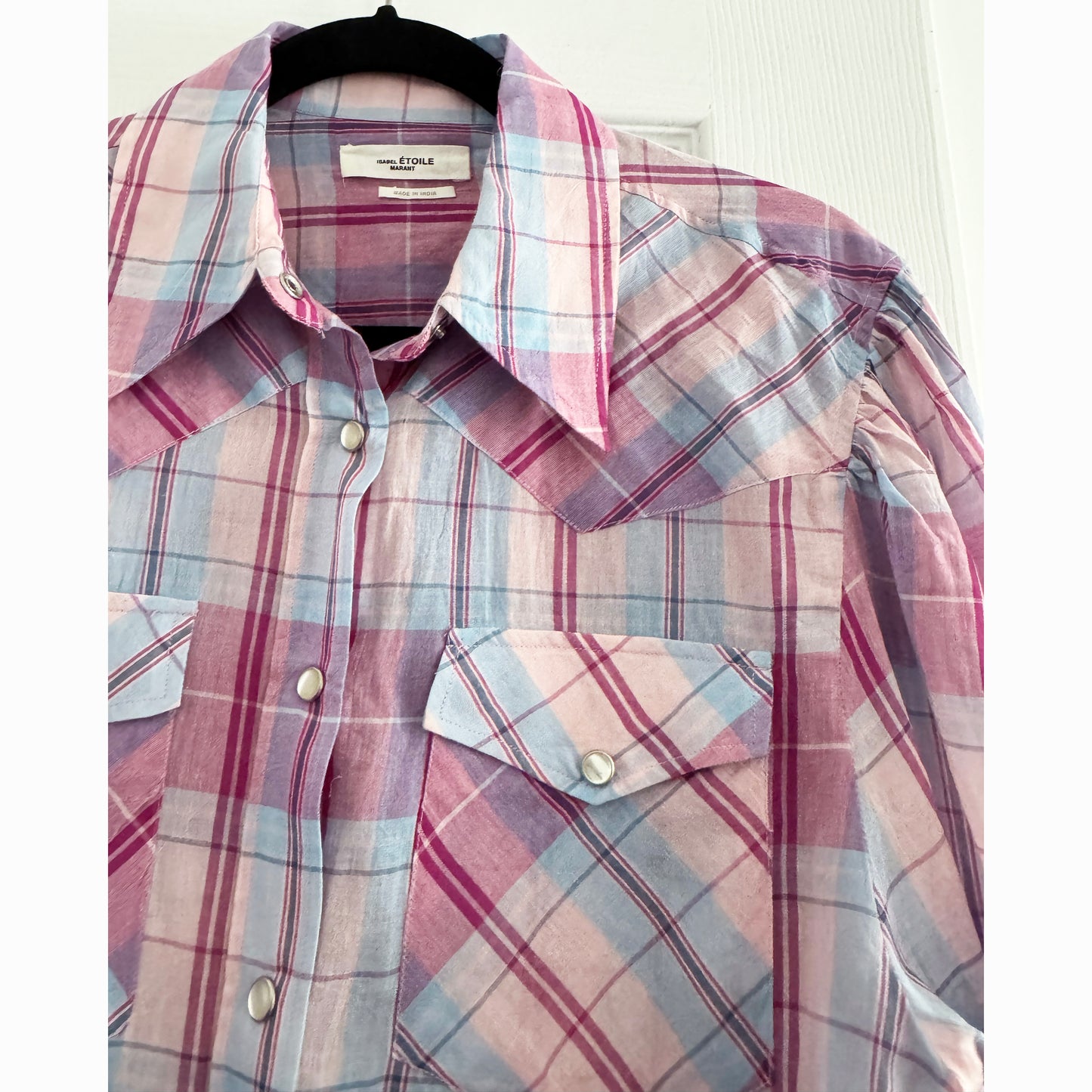 Isabel Marant Etoile "Bethany" Plaid Top in Pink/Blue, size 36 (fits Size Small)
