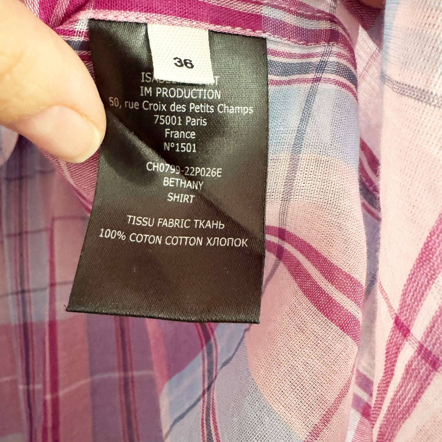 Isabel Marant Etoile "Bethany" Plaid Top in Pink/Blue, size 36 (fits Size Small)