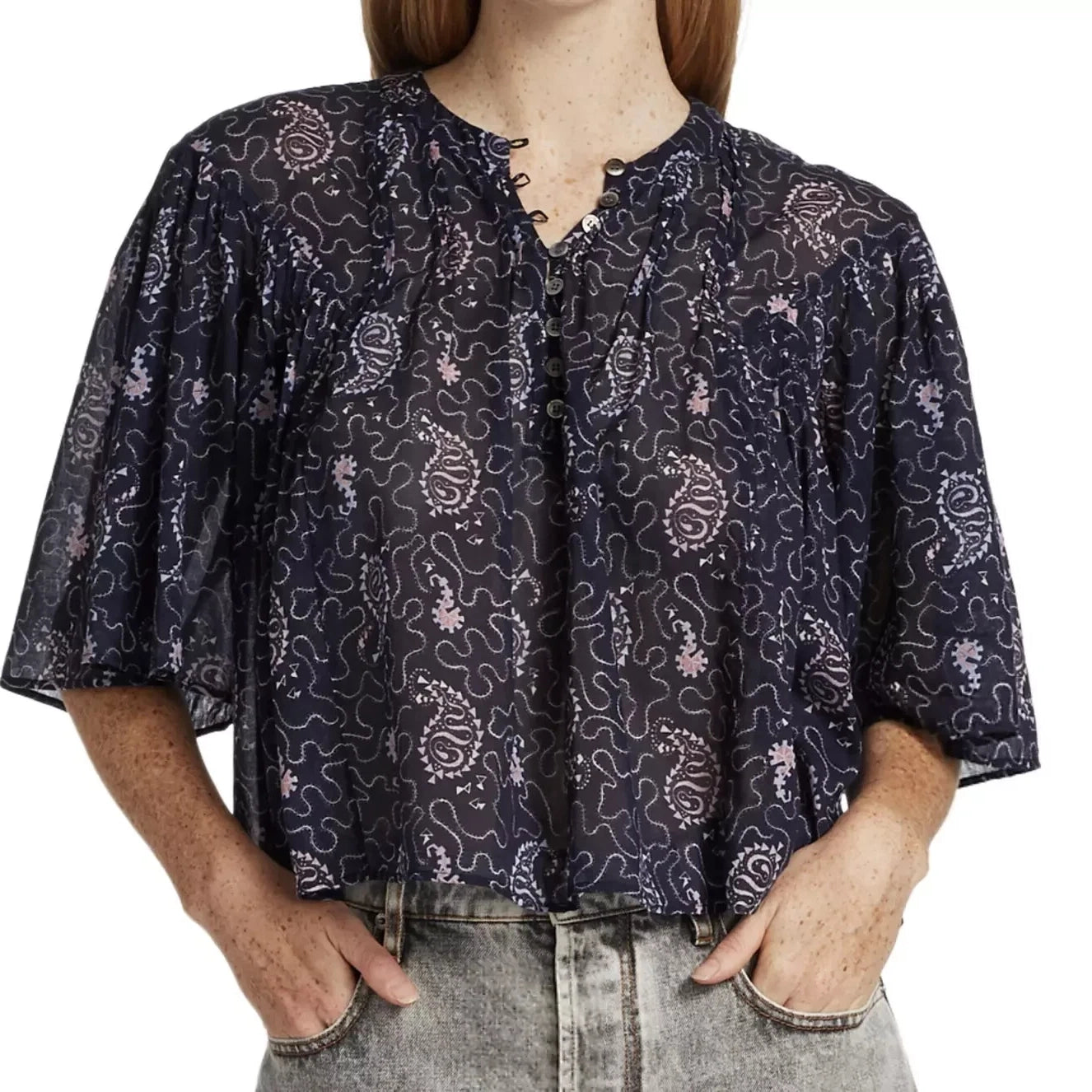 Isabel Marant Etoile "Algari" Printed Cotton Blouse in Purple, size 36 (size small)