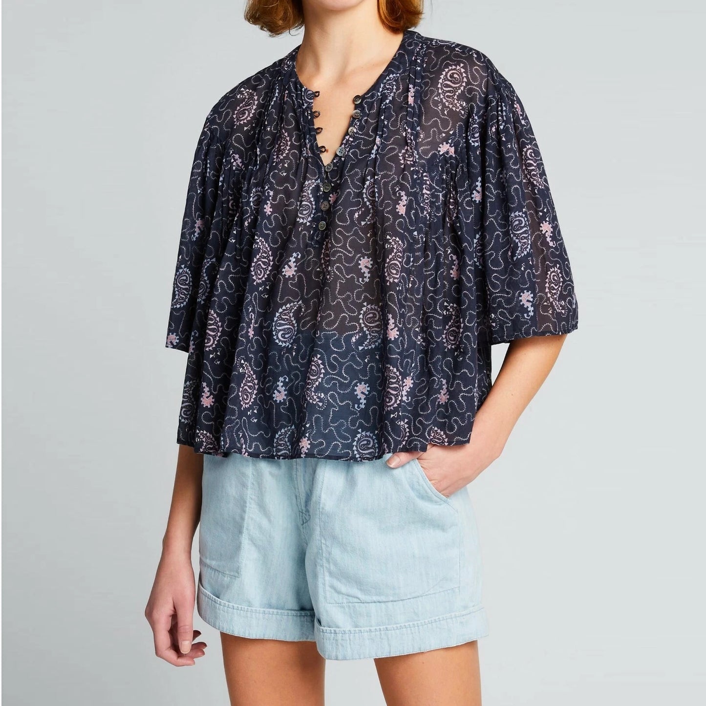 Isabel Marant Etoile "Algari" Printed Cotton Blouse in Purple, size 36 (size small)