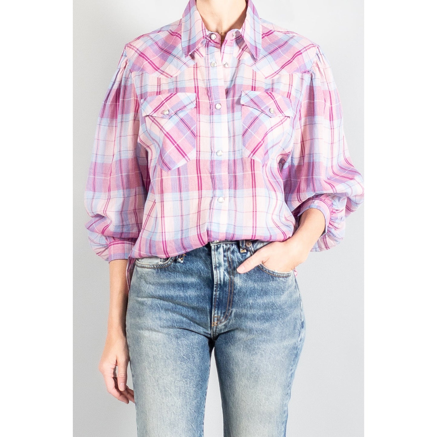 Isabel Marant Etoile "Bethany" Plaid Top in Pink/Blue, size 36 (fits Size Small)