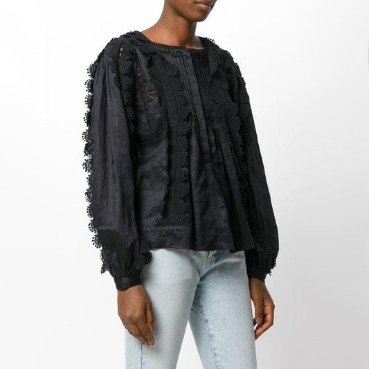 Isabel Marant "Nell" Ramie and Lace Blouse in Black, size 36