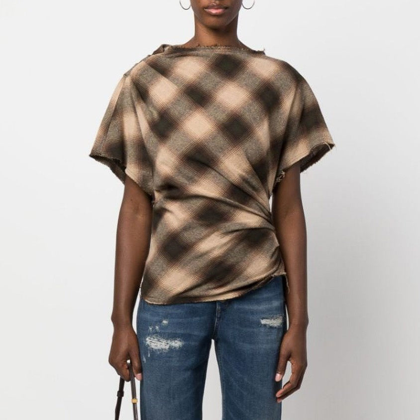 Isabel Marant Etoile "Neyela" Plaid Top in Tan/Brown, size 38