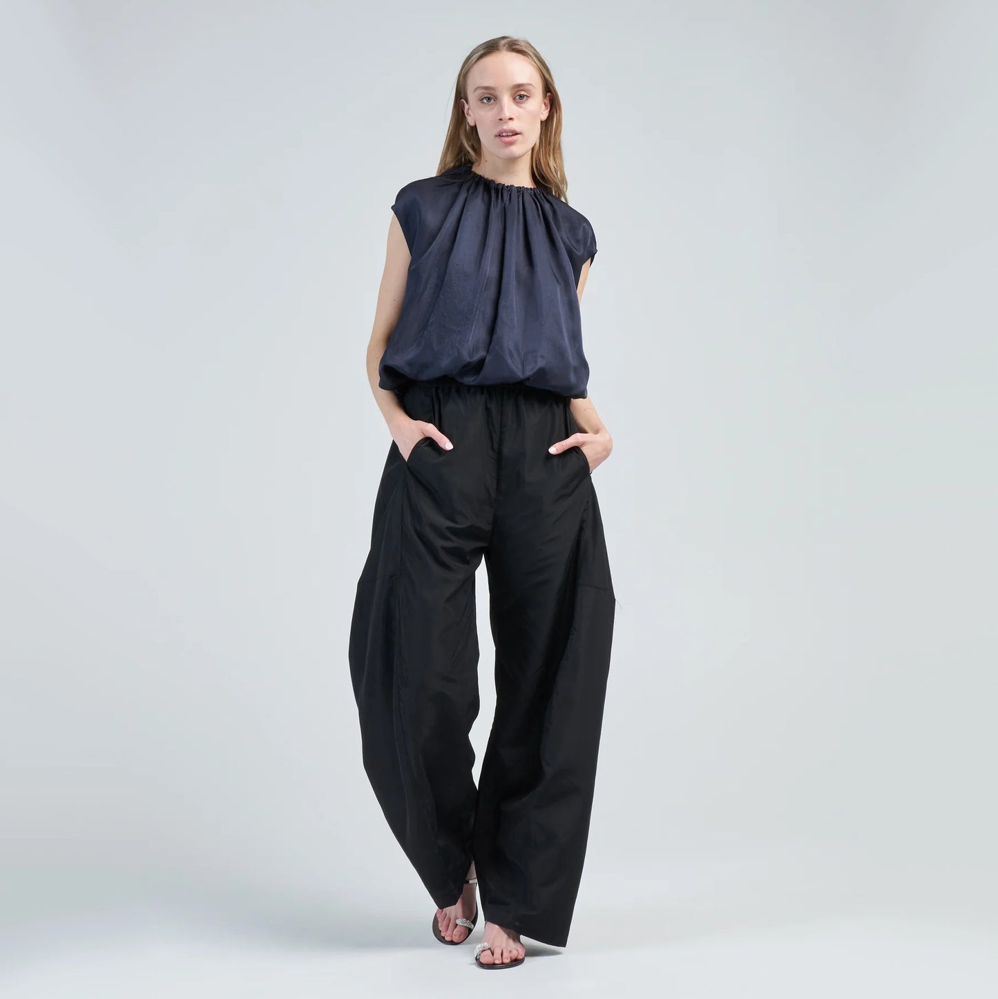 Tibi Sporty Nylon "Winslow" Wide Leg Pants in Black, size Medium (Short) fits M-L