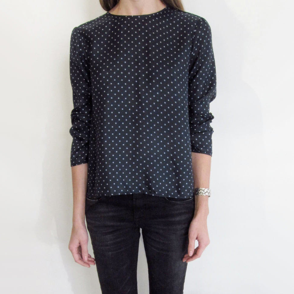 Jenni Kayne Polka Dot Silk Blouse in Navy, size XS