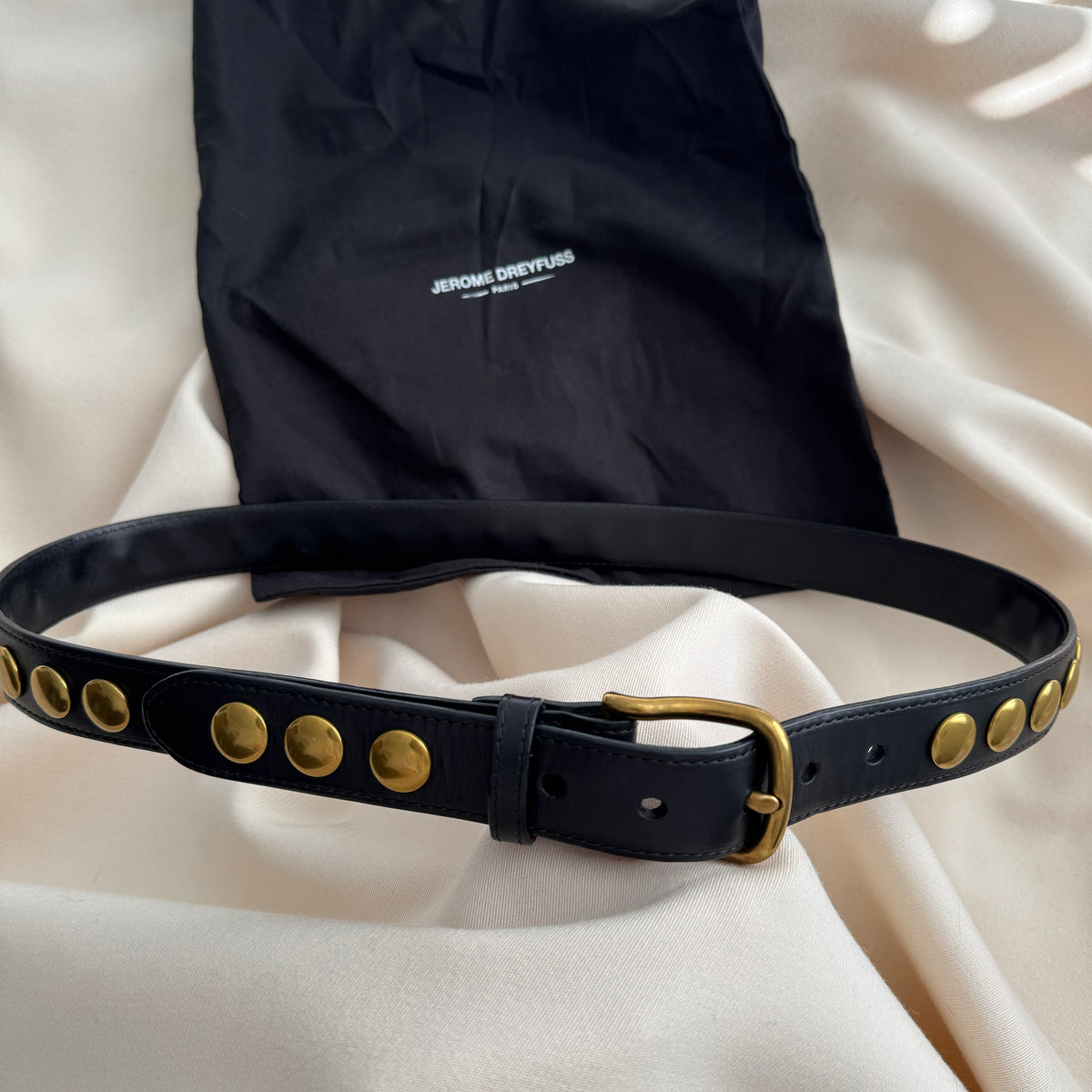 Jerome Dreyfuss Belt in Black Leather with Brass Studs, size Medium.