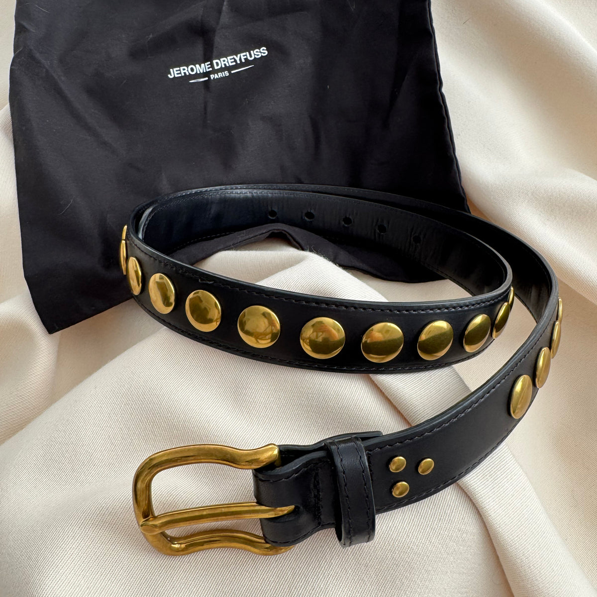 Jerome Dreyfuss Belt in Black Leather with Brass Studs, size Medium.