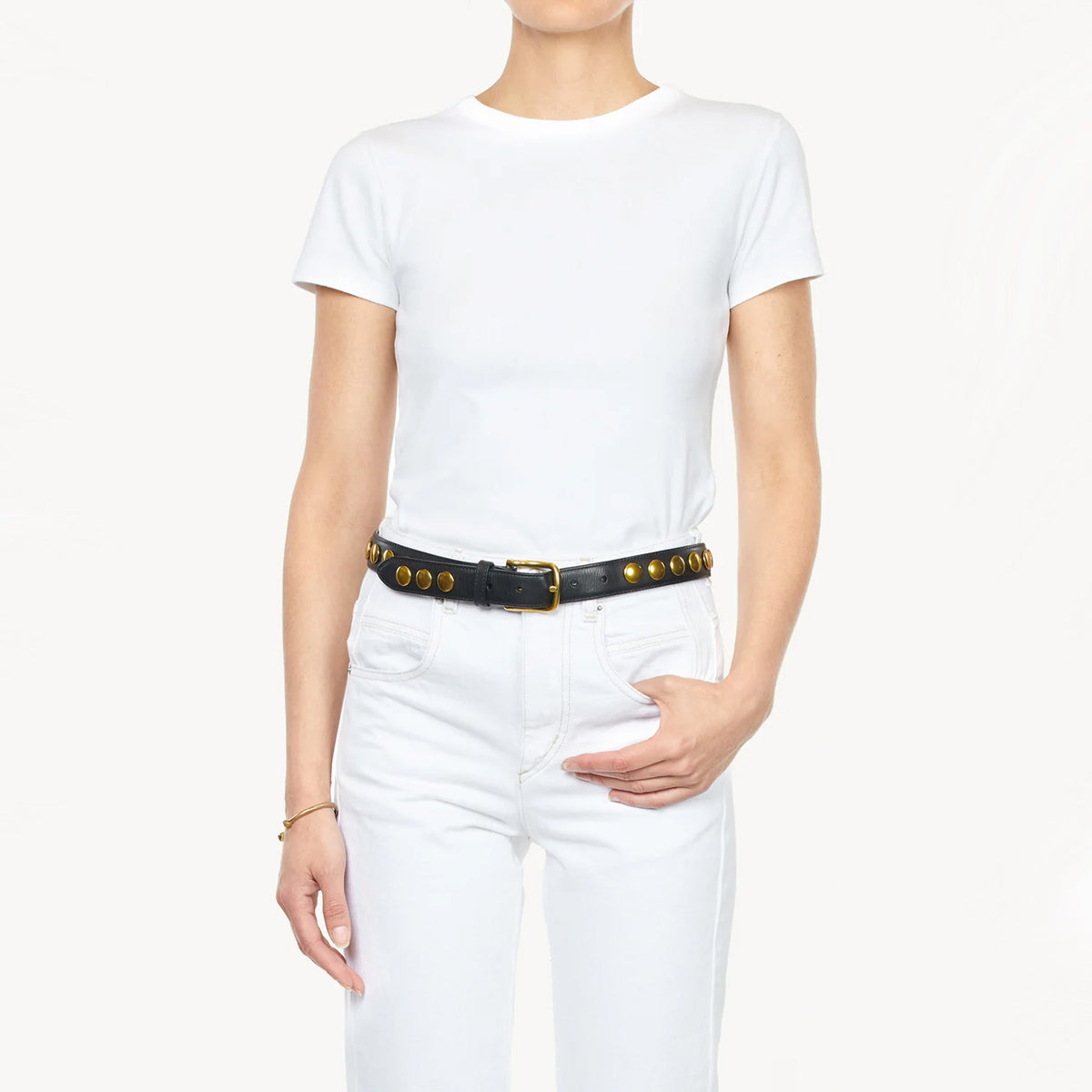 Jerome Dreyfuss Belt in Black Leather with Brass Studs, size Medium.