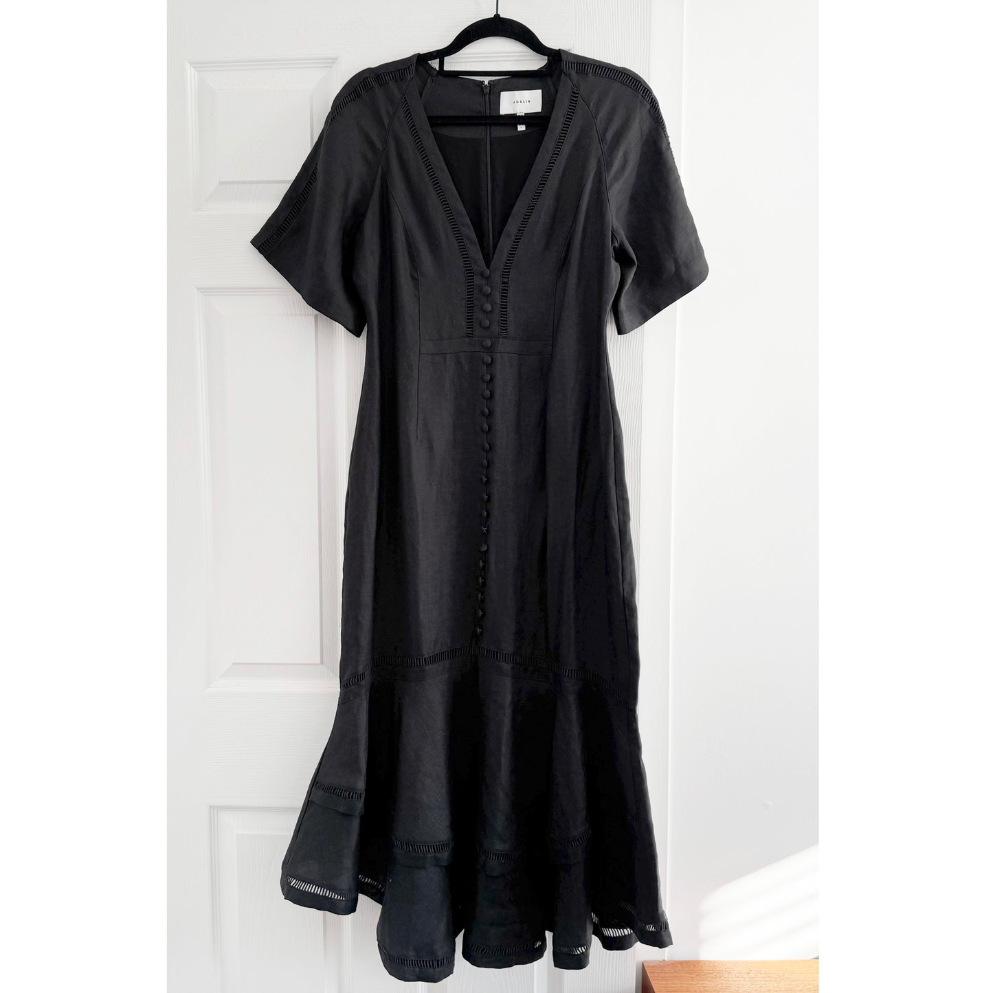 JOSLIN Mavis Ruffled Lace-Trimmed Dress in Black, size 8US/12UK