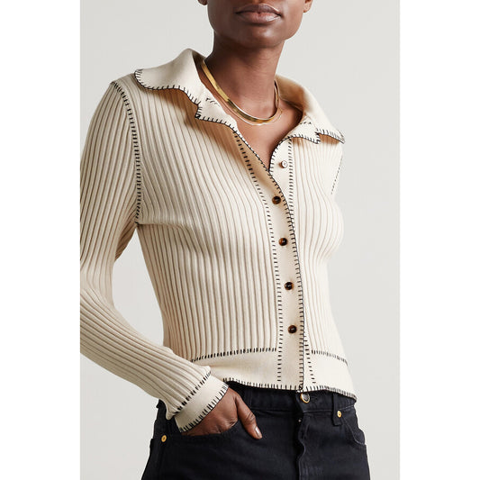 KHAITE « Teagan » Cardigan côtelé en laine mérinos mélangée en crème, taille petite (convient à un XS)