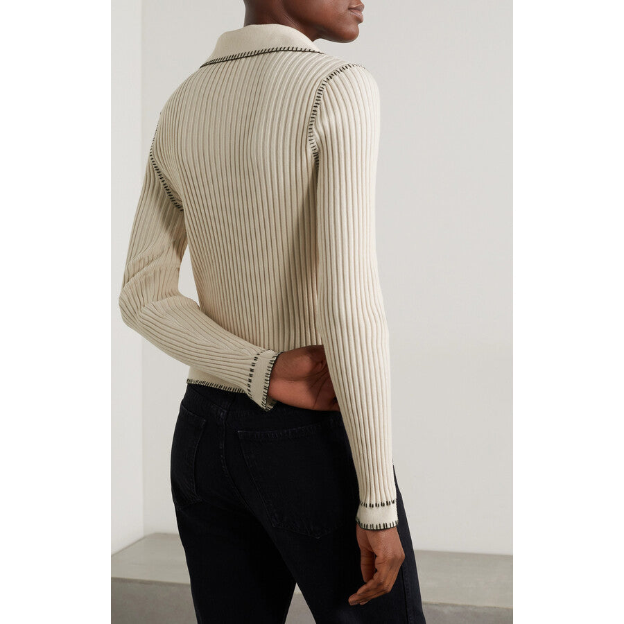 KHAITE « Teagan » Cardigan côtelé en laine mérinos mélangée en crème, taille petite (convient à un XS)