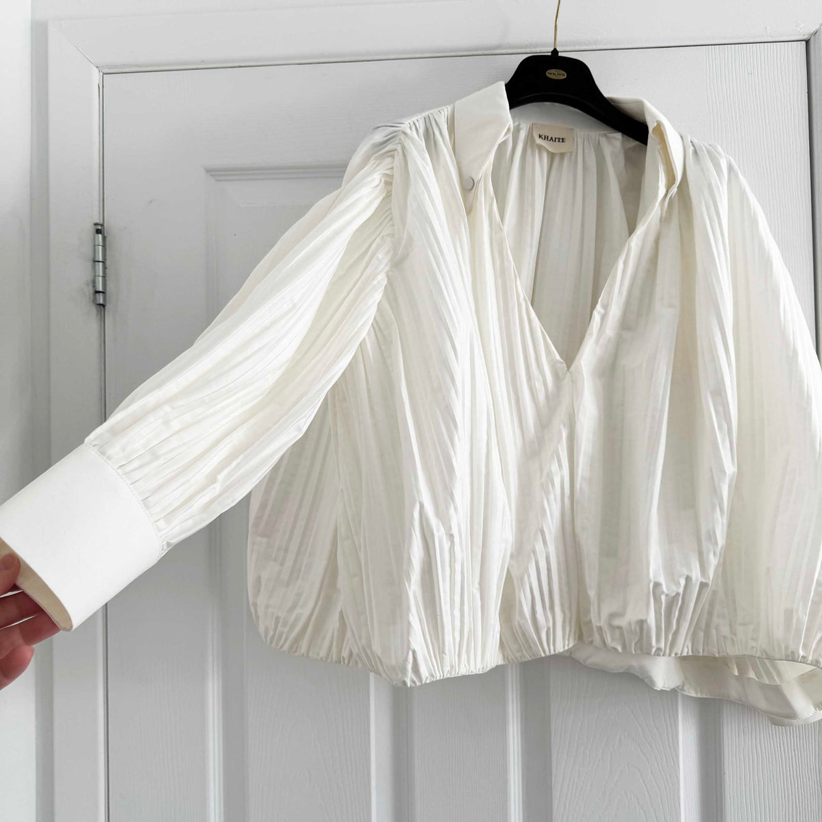 Khaite "Malone" Plisse Cocoon blouse in White, size XS