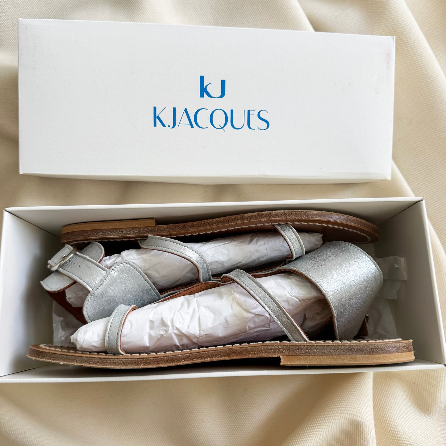 K. Jacques "Caravel" Sandals in Silver, size 40 (fits size 9)