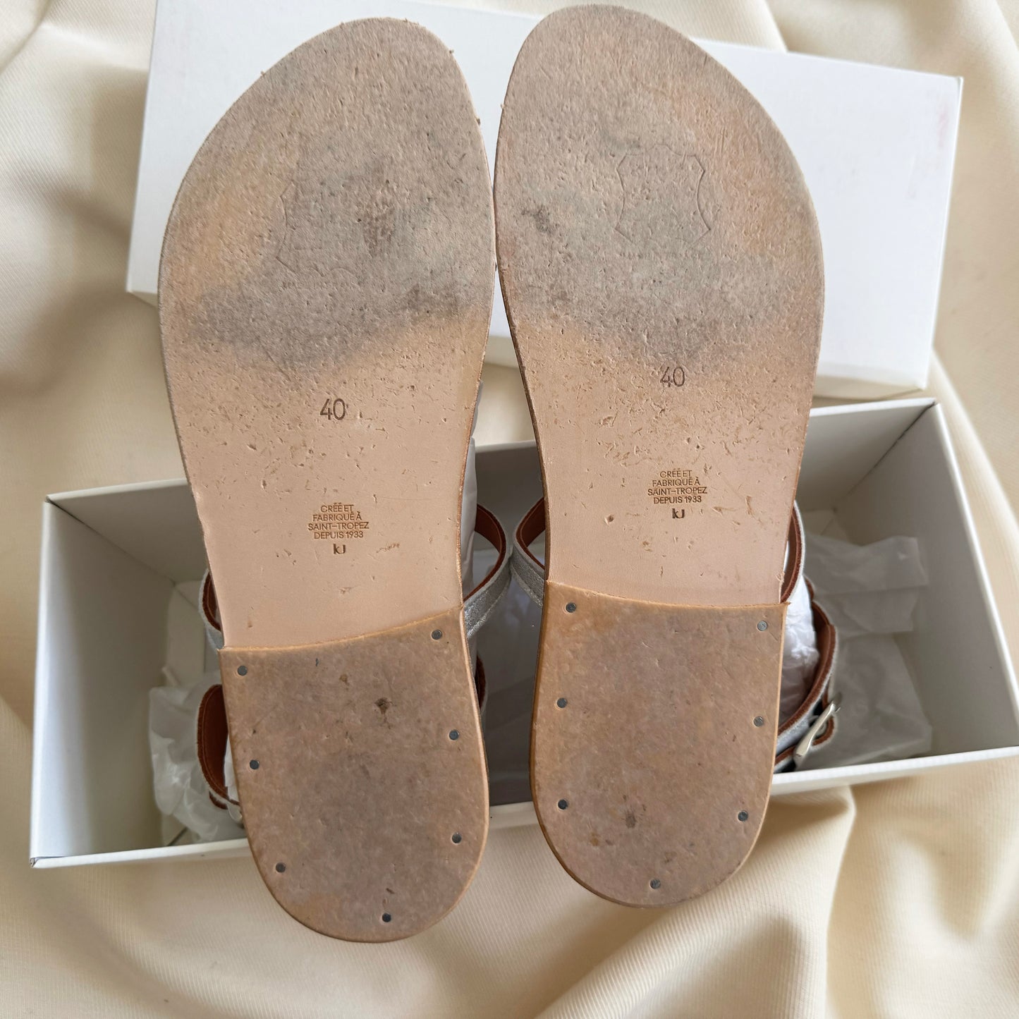 K. Jacques "Caravel" Sandals in Silver, size 40 (fits size 9)