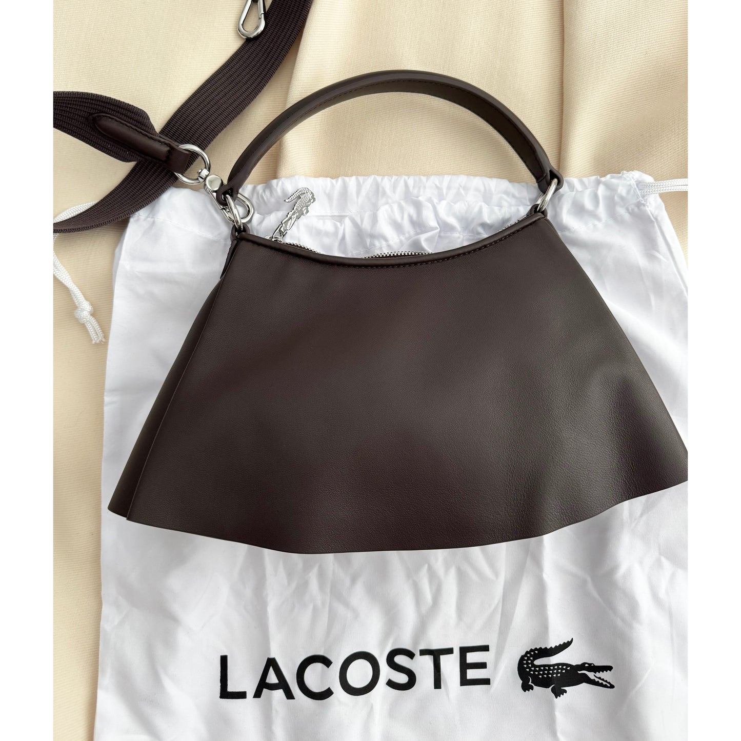 Lacoste Small "Lenglen" Pleated Leather Bag in Brown