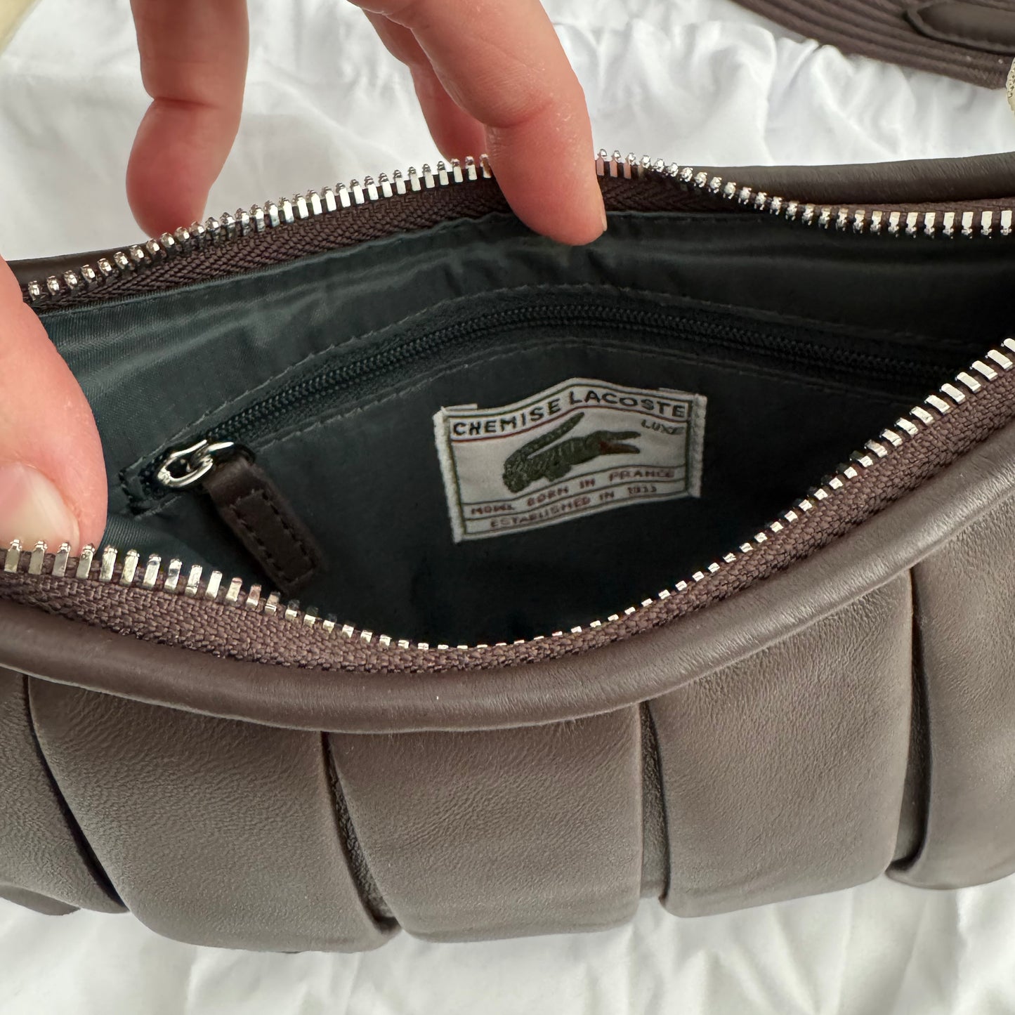 Lacoste Small "Lenglen" Pleated Leather Bag in Brown