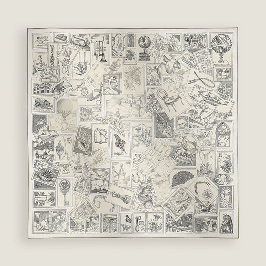 Hermes Le Philateliste du Faubourg scarf 90 in "gris / parchemin / blanc"