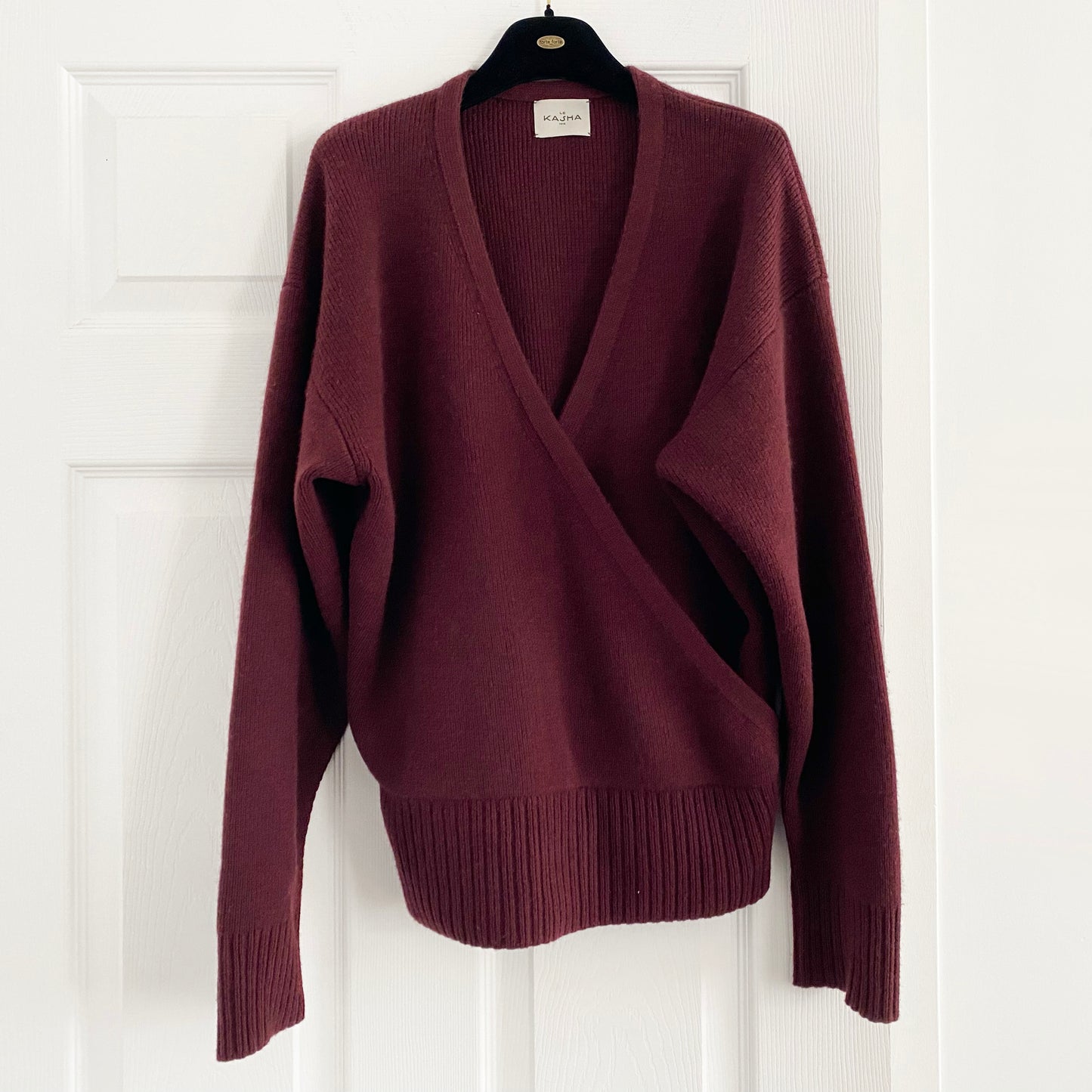 Le Kasha "London" Crossover Front Cashmere Sweater in Burgundy, size Small