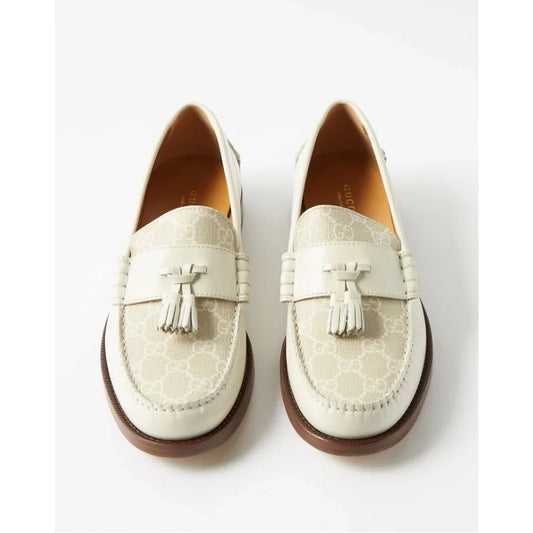 Gucci Leather and Jacquard Tassle Loafers in Ivory, size 38