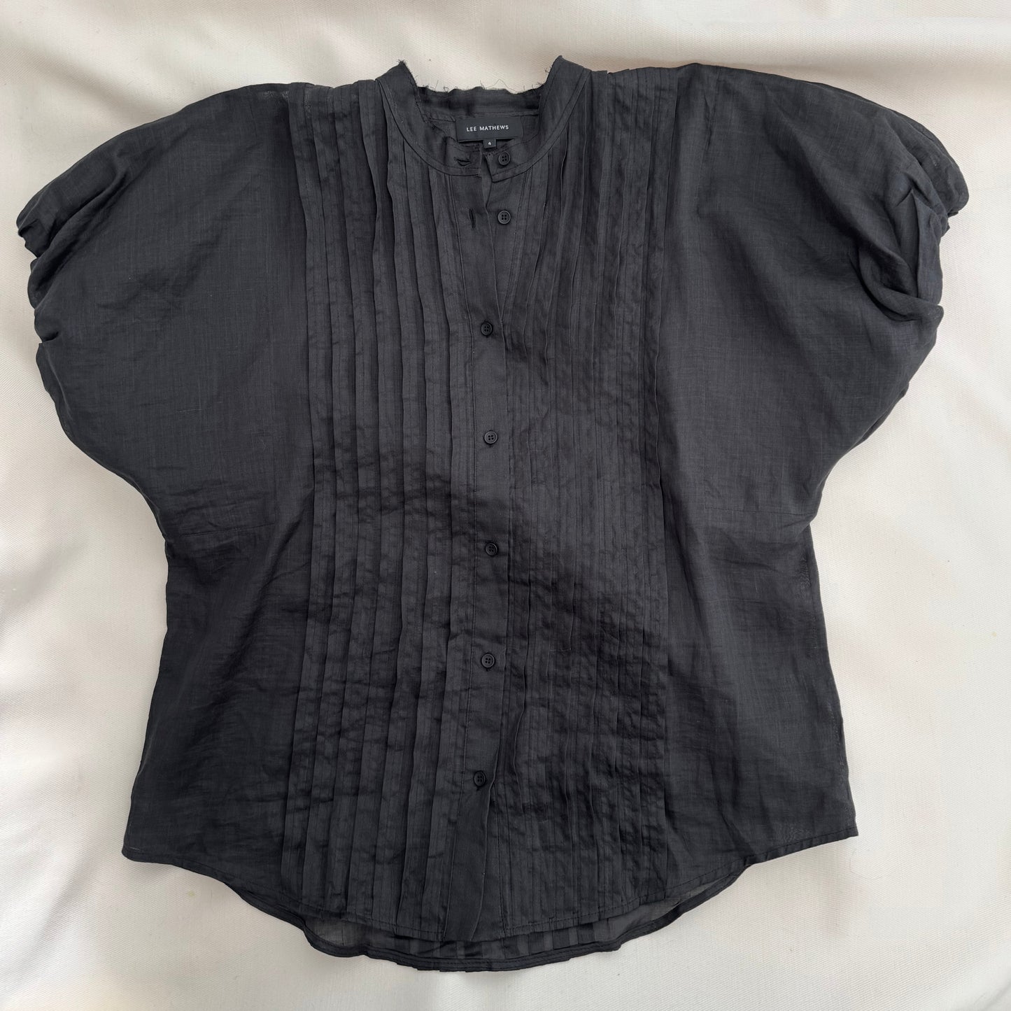 Lee Mathews "Emiko" Puff Sleeve Ramie Top in Black, size "4" (like a large - XL)