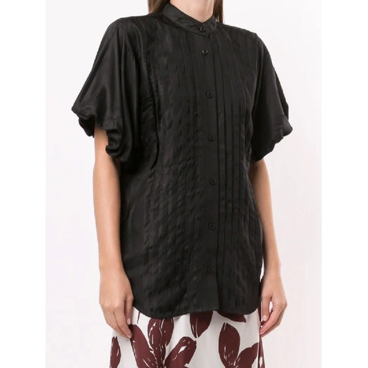 Lee Mathews "Emiko" Puff Sleeve Ramie Top in Black, size "4" (like a large - XL)