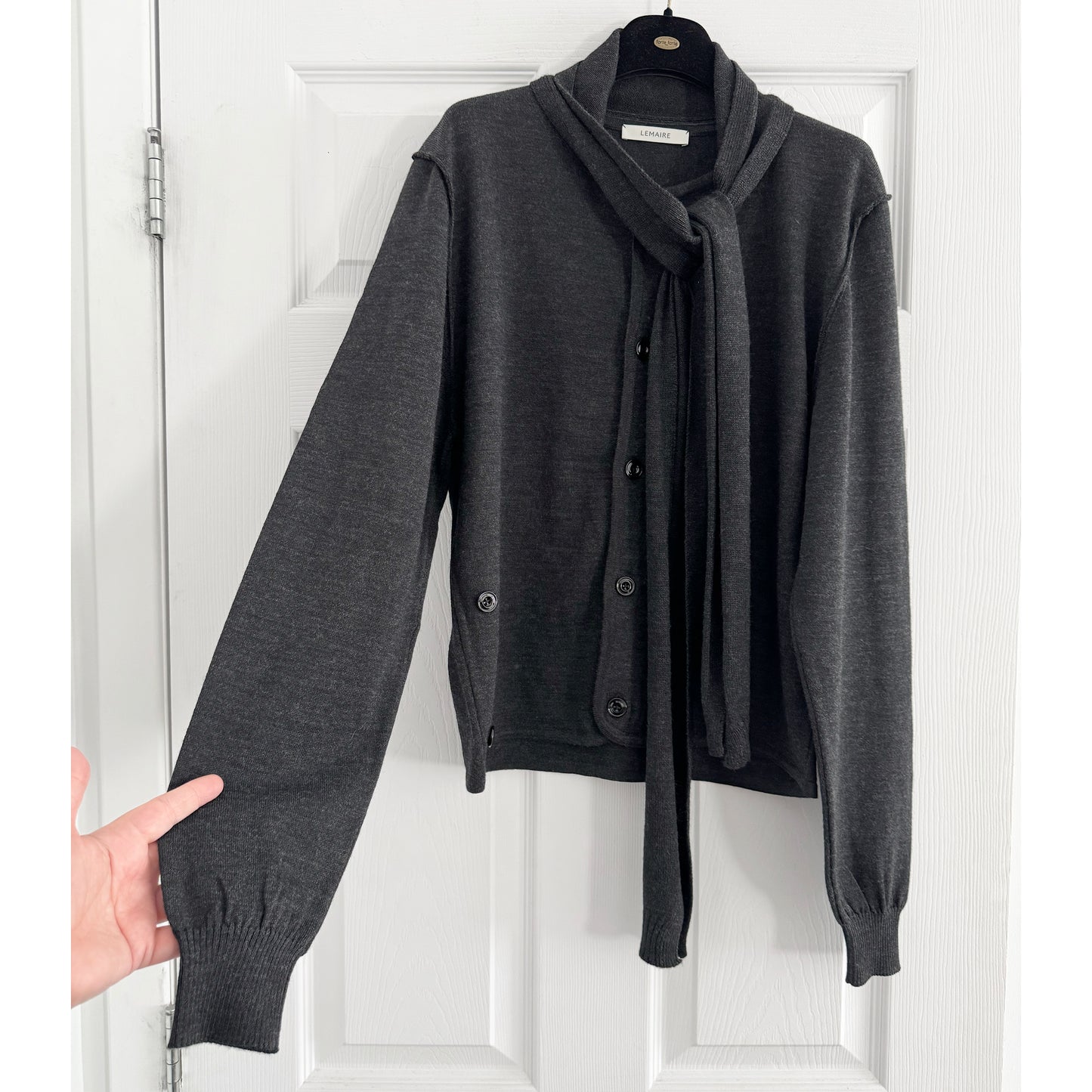 Lemaire "Twisted" Merino Cardigan in Charcoal Grey, size Large (fits size S/M)