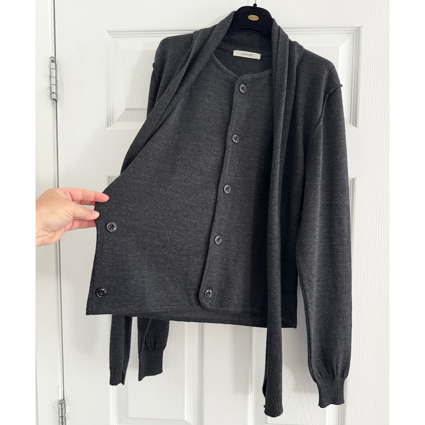 Lemaire "Twisted" Merino Cardigan in Charcoal Grey, size Large (fits size S/M)