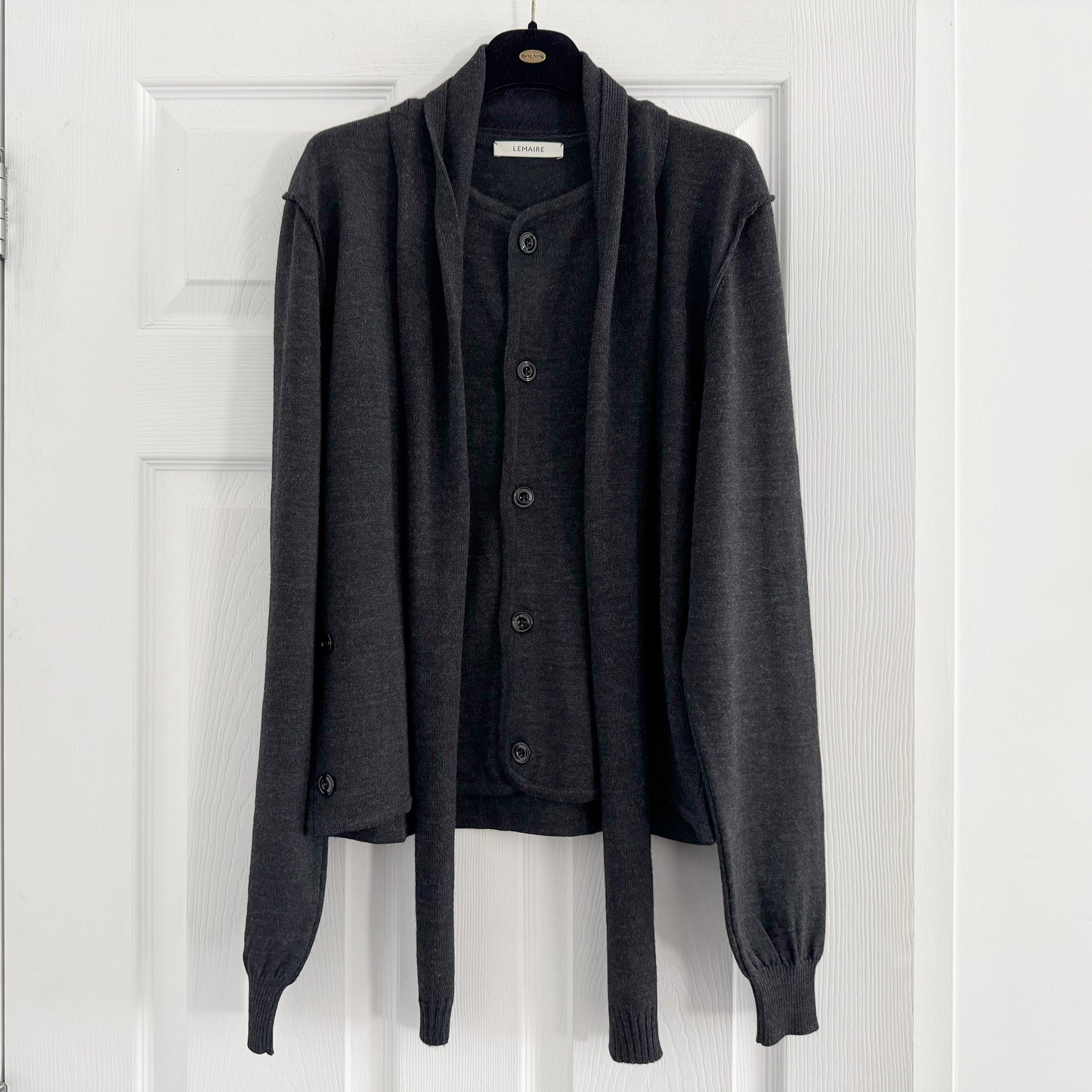 Lemaire "Twisted" Merino Cardigan in Charcoal Grey, size Large (fits size S/M)