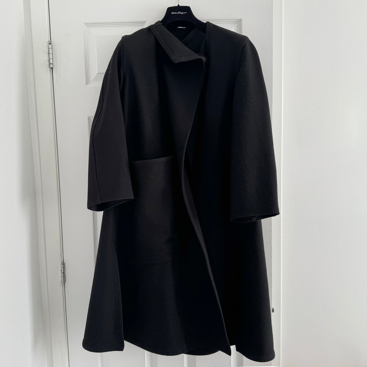Lemaire Wrapover Wool Coat in Black, size 34