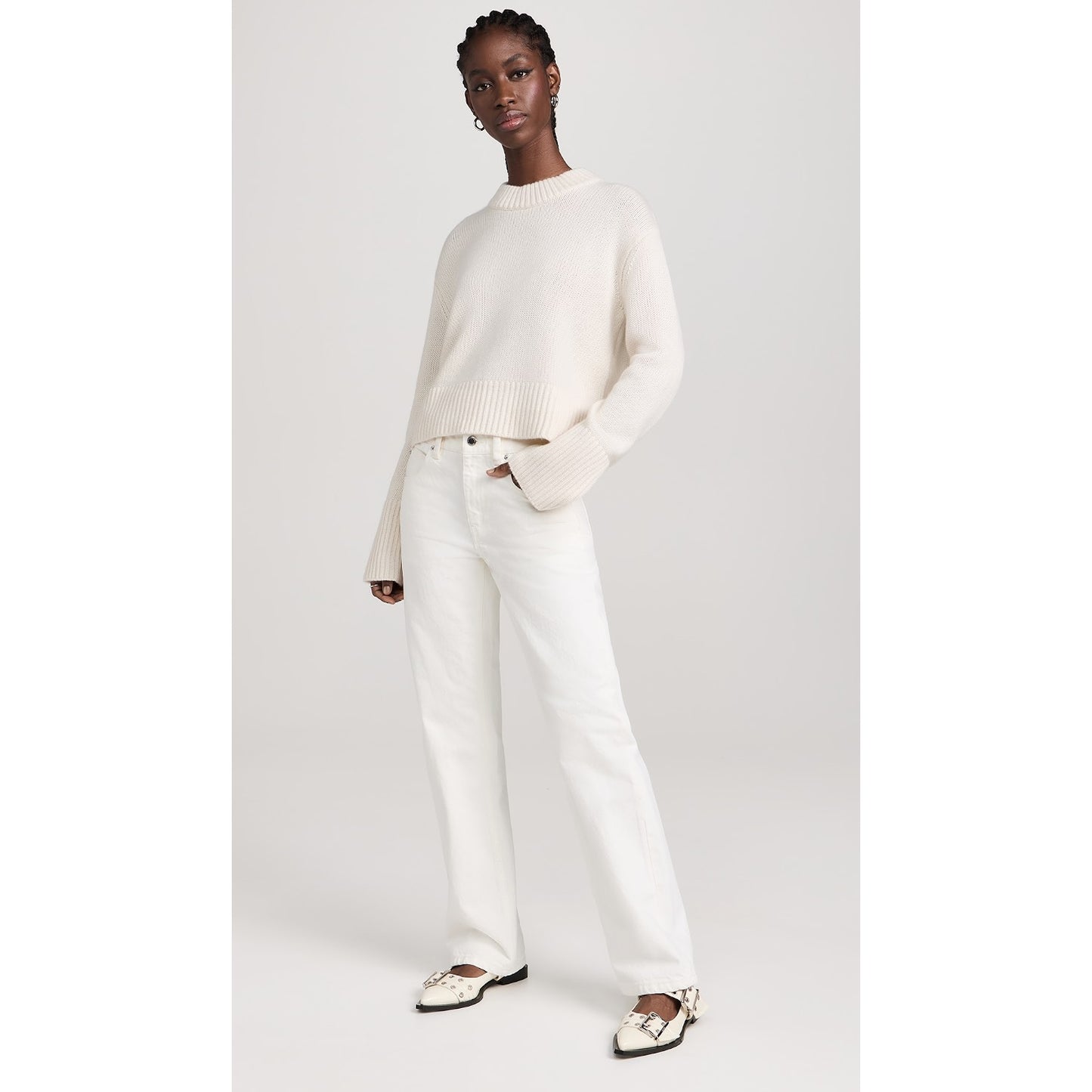 Ganni Patent Leather Buckle Flats in Ivory, size 39