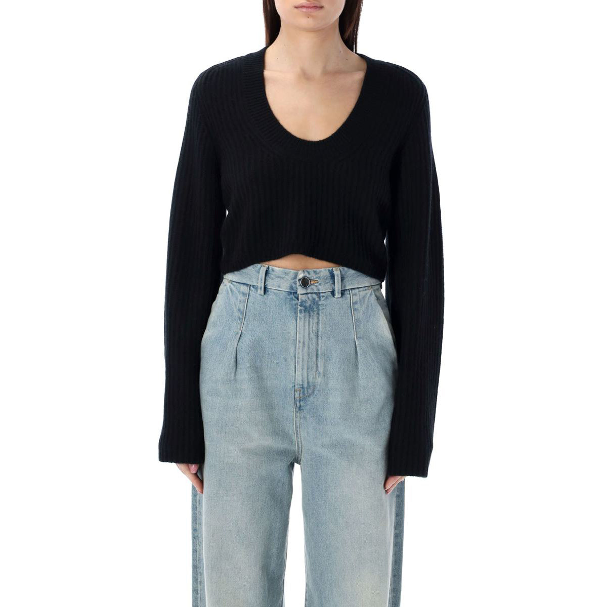 Loulou Studio "Chante" Cropped Cashmere Sweater in Black, size Large