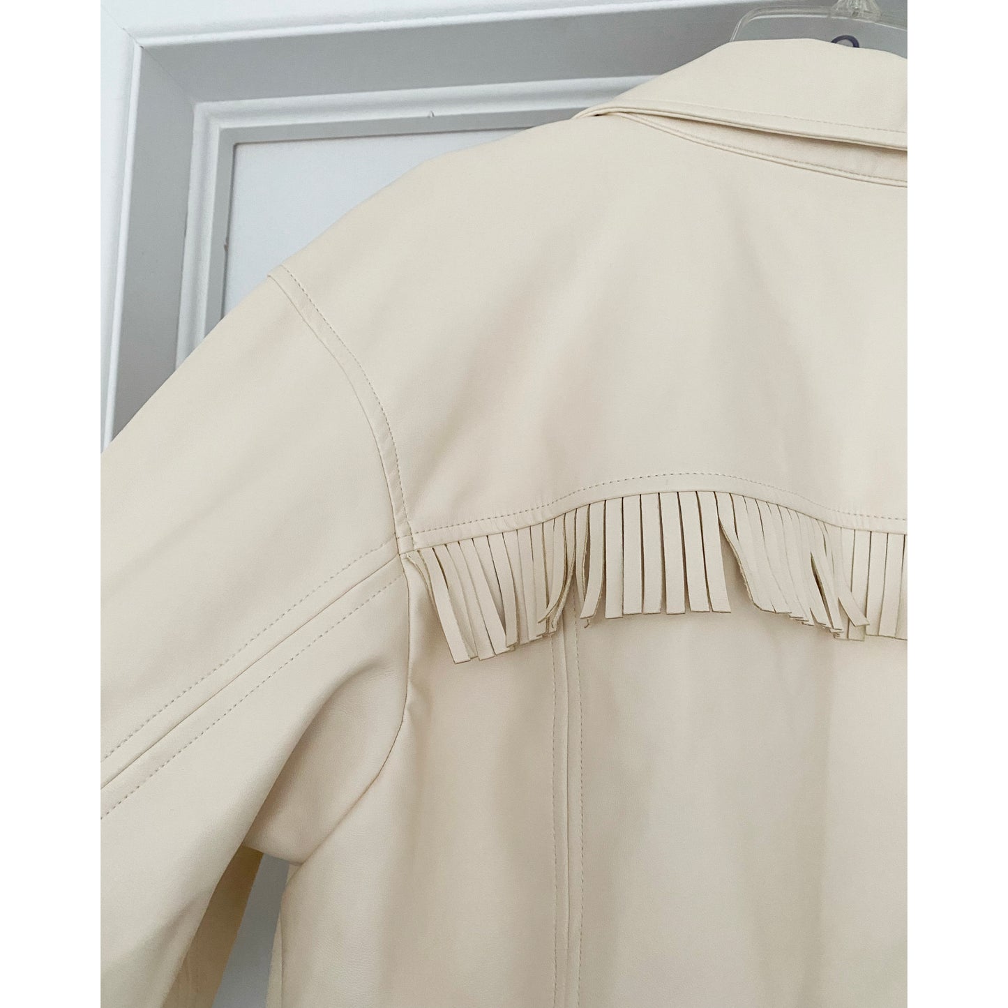 For Love & Lemons Ivory Faux Leather Jacket with Fringe, size Medium