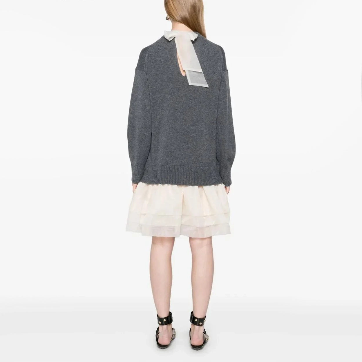Maje Wool-organza Dual-Fabric Dress in Grey/Cream, size 40 (fits M/L)